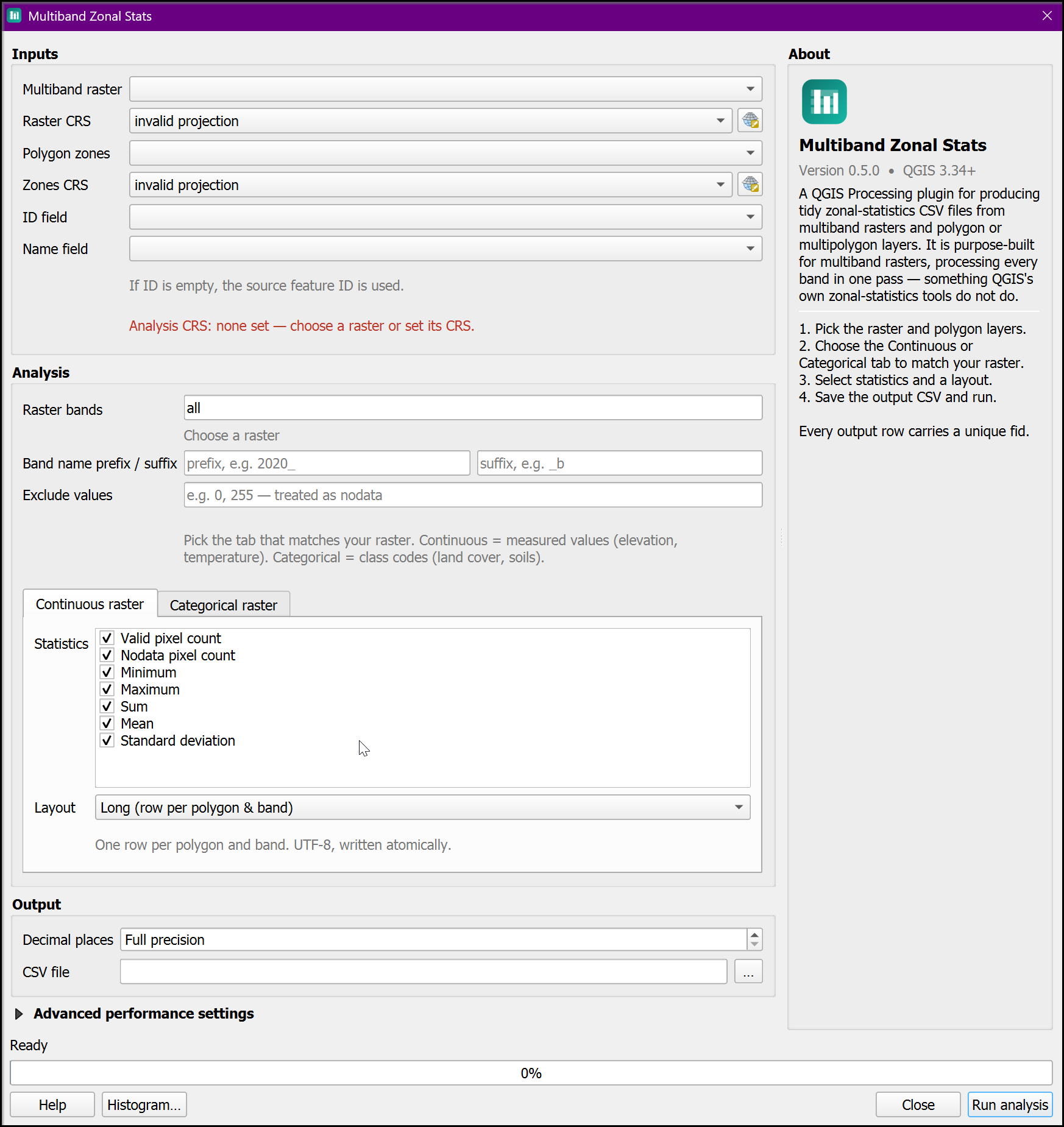 The Multiband Zonal Stats dialog in QGIS